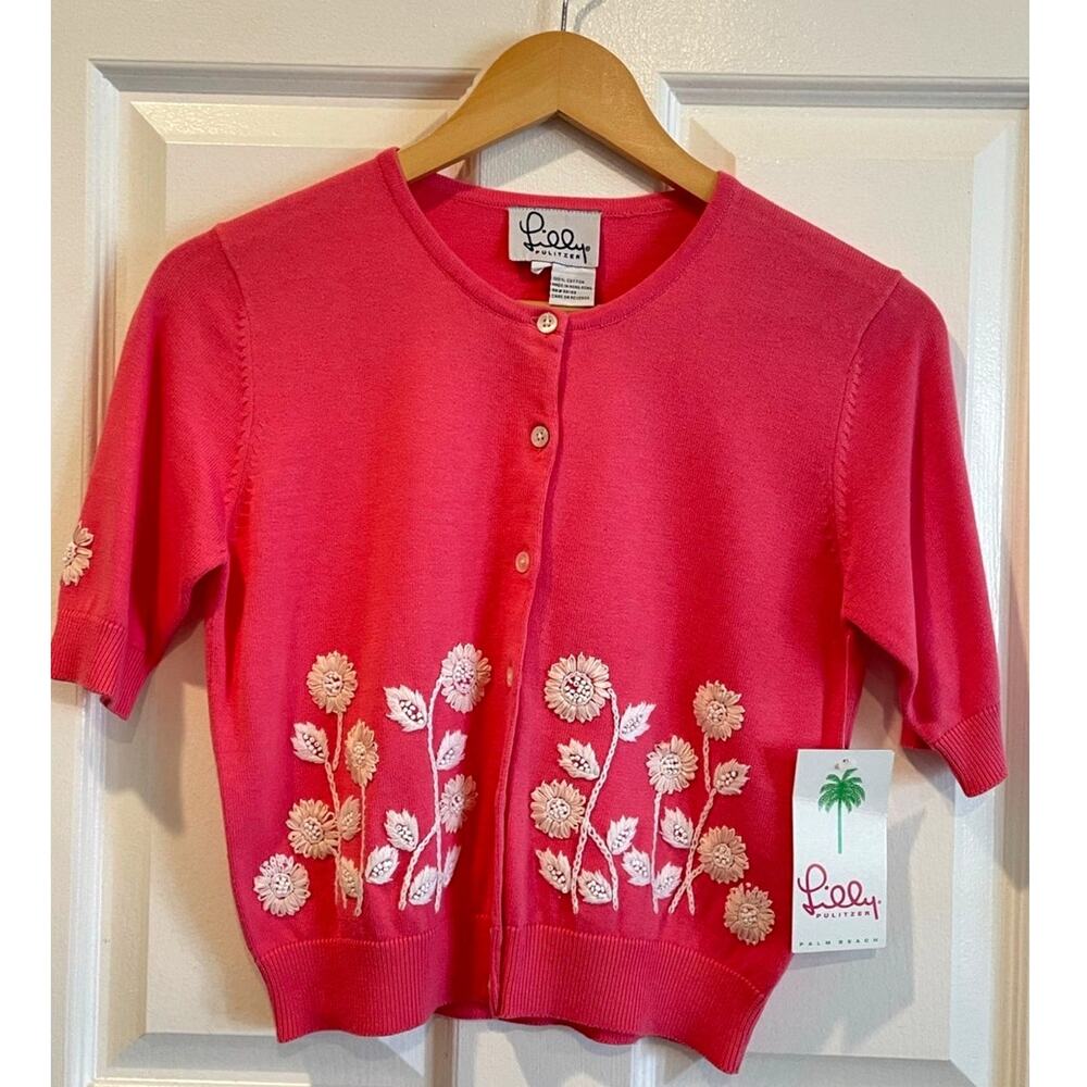 Lilly Pulitzer Vintage Pink Short Sleeve Embroidered Floral Cardigan NWT Small